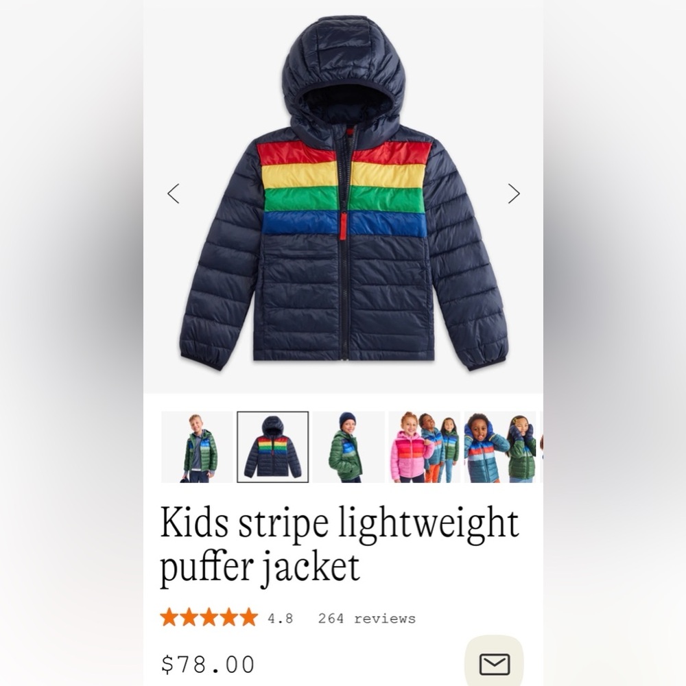 Primary brand Kids Colorful striped Lightweight Puffer Jacket Size 8-9 unisex